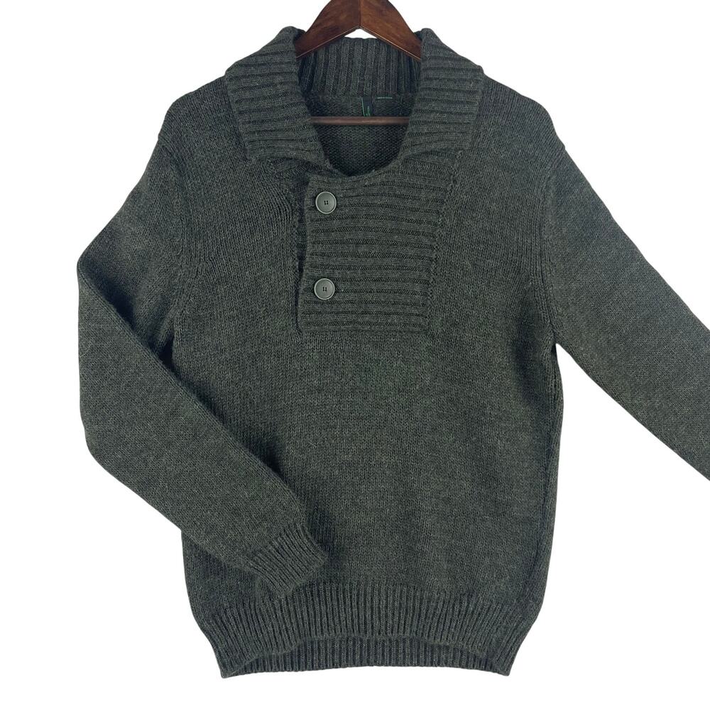 Stile Benetton Mens Collared Neck Pullover Sweater SZ M Dark Green Button Knit